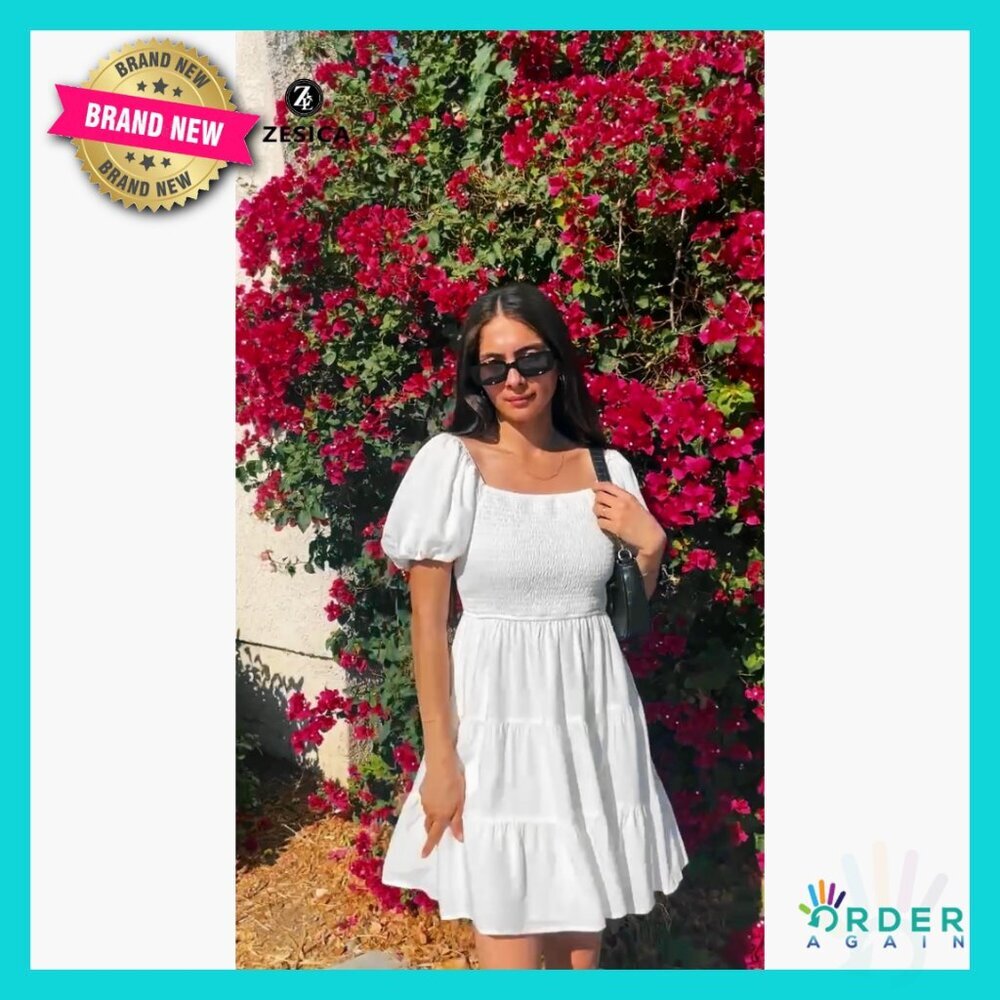 Boho Square Neck Puff Sleeve Off Shoulder Smocked Mini Dress Summer Casual - Picture 7 of 7